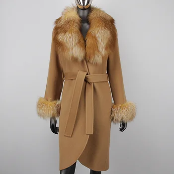 CXFS 2023, Модно палто от естествена кожа, зимно яке, яка Жена от естествен лисьего кожа, Кашмир Вълнени смеси, палто, Топло Свободна Градинска облекло