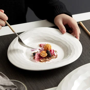 FANCITY Бяла дневна чиния със специална форма, керамични висококачествена хотелска табела, домашна западна храна, паста, десерт, необичайни творчески дизайн