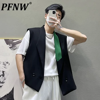 PFNW Spring Summe, Нов мъжки Корейски костюм в стил мозайка, Жилетки, Цвят По договора, Красиви Широки Ежедневни стилно палто без ръкави 28A2234
