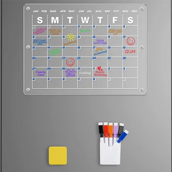 Акрилни магнитен календар за хладилник, 16x12 инча, прозрачна магнитна дъска за календар, сухо изтриване на хладилник, (Календар)