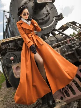 Жена дълъг тренч; Корейска модни градинска облекло; Без дъждобран; Ежедневни двубортная яке с колан и обувки; Дамски ветровка; Горна дреха; палто