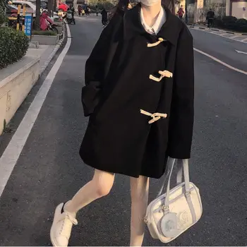 Жена Свободното вълна палто с роговыми бутони в японски стил, однобортное палто с отложным яка, Връхни дрехи в стил чистота с дълъг ръкав