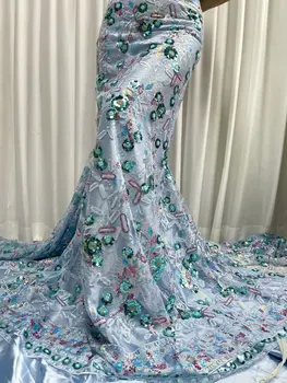 Модни Африканска лейси плат с мъниста, 5 ярда 2023, Висококачествена и Луксозна бродерия, Тюлевое дантели, с пайети За Нигерийски на сватбена рокля
