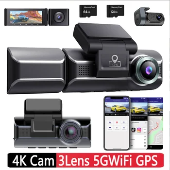 Нов 3-Канален Автомобилен Видеорекордер с Цикличен Запис на 4K + 1080P, Автомобилна Камера с 5,8 Ghz WiFi G-сензор с 64 GB/128 GB SD карта, режим на паркиране 24 Часа в денонощието