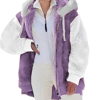 Новата есенно-зимни дамски дрехи в Европа и Америка, свободно и ежедневното плюшевое палто с цип, с качулка, двустранно плюшевое палта за жени