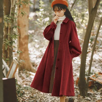 Френското винтажное вълна палто за жени, Червени палта, корейското однобортное модно ежедневното палта, дамски ретро палто със средна дължина